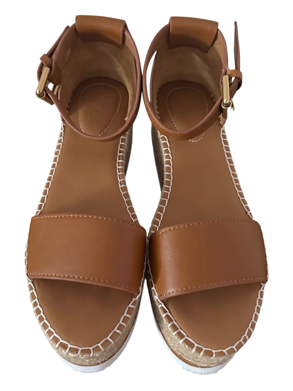 See by Chloé Tan Leather Espadrille Wedge Sandals with Ankle Strap